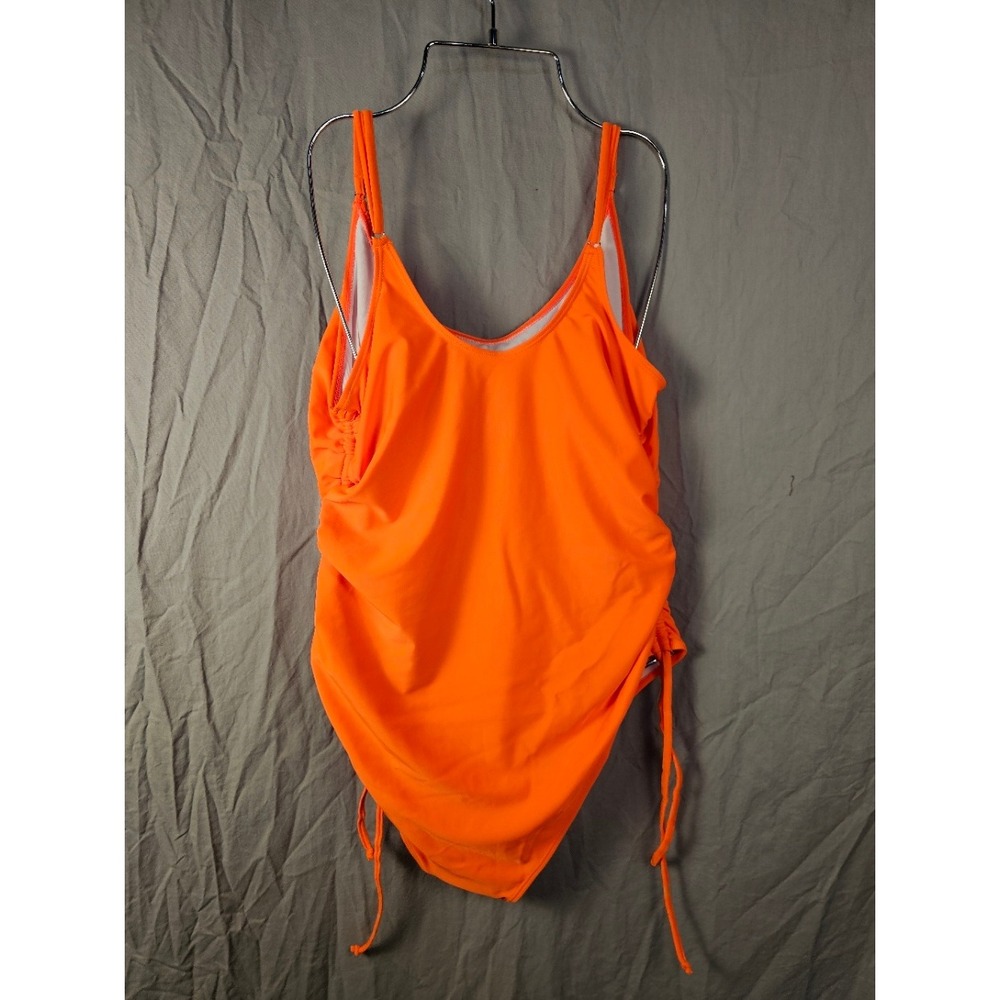 Neon Orange Ruched One Piece Swimsuit Women XL Side Tie Scoop Neck Swimwear - Picture 2 of 3